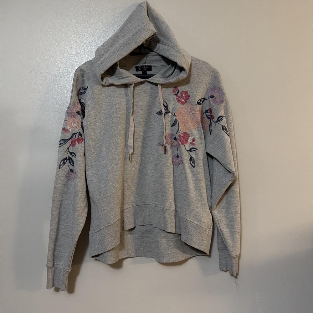 Jessica Simpson Gray Floral Embroidered Hooded Pullover Sweater L Boho Hippie